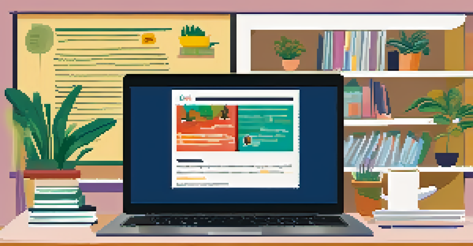 A laptop showing an online civic engagement forum discussing local policies, with a cozy home office setting in the background.