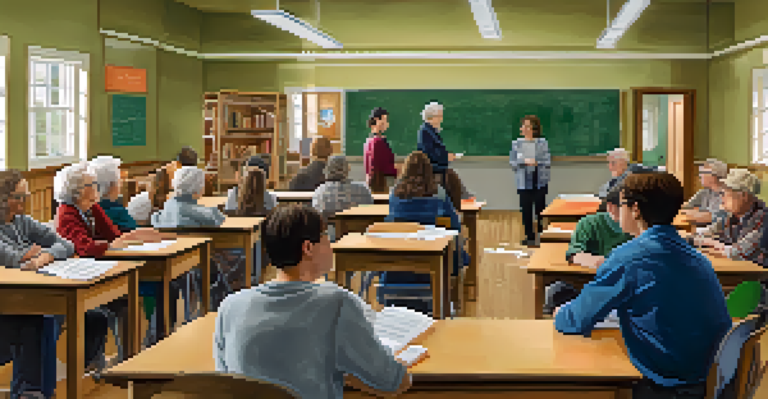 A dynamic classroom where students and elderly individuals work together on a history project, reflecting mutual respect and enthusiasm in their collaboration.