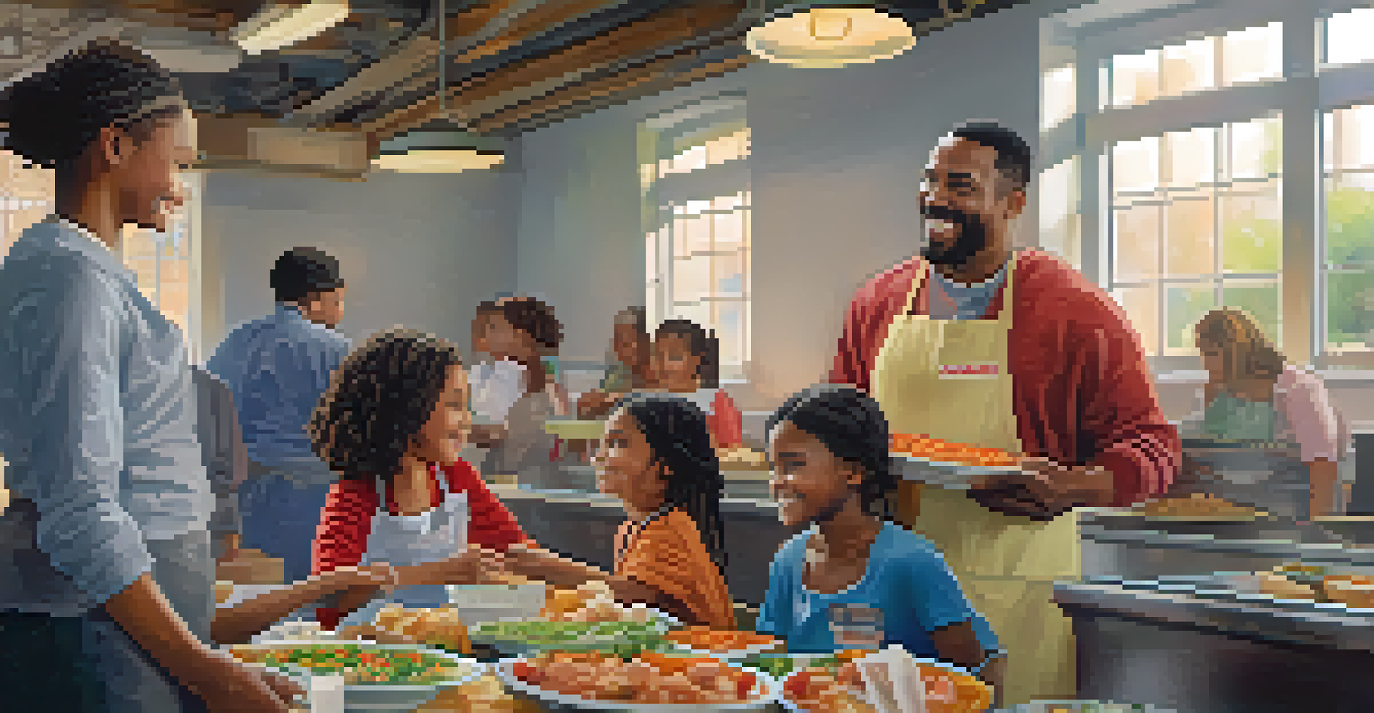 A family serving meals inside a welcoming soup kitchen, smiling as they help others.