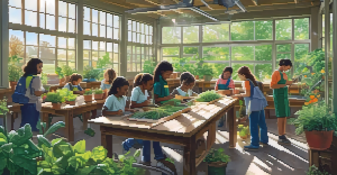 Students participating in an outdoor environmental education project surrounded by greenery and gardening materials.