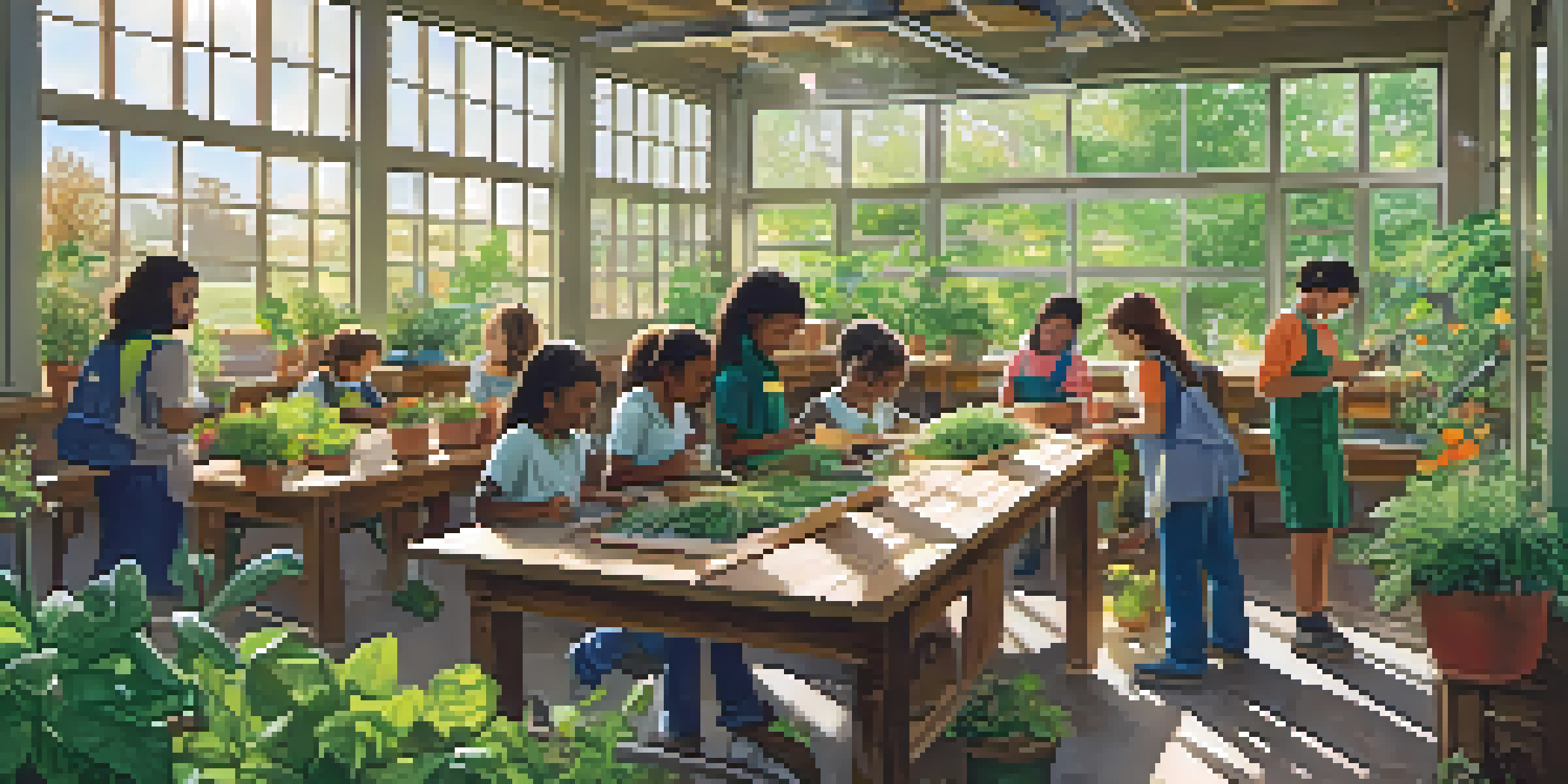 Students participating in an outdoor environmental education project surrounded by greenery and gardening materials.