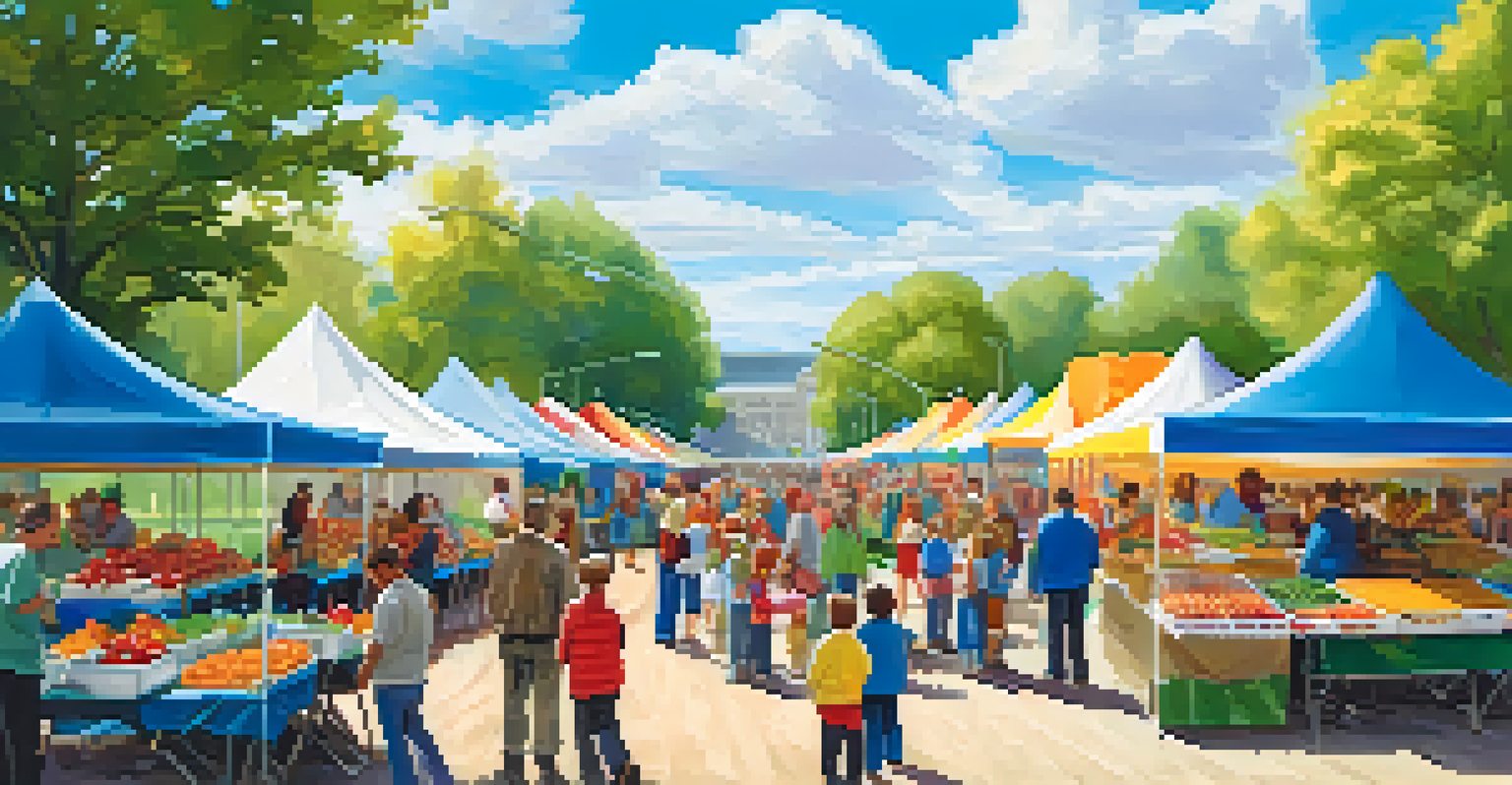 A community farmers' market in a school yard with families enjoying fresh produce and children learning about healthy cooking.