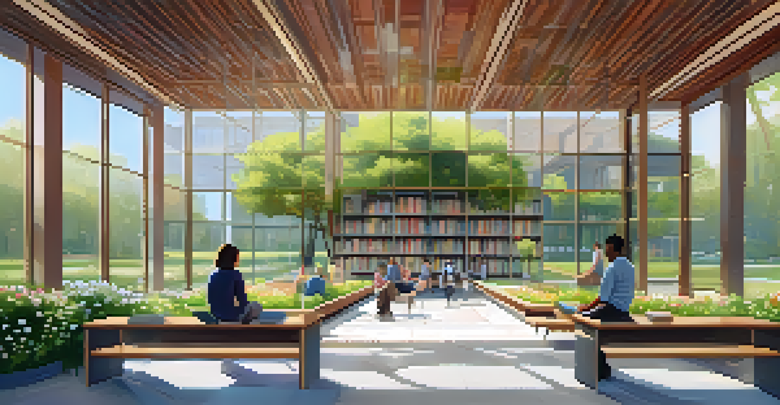A public library surrounded by a garden where people are reading and conversing, showcasing modern architecture and vibrant nature.