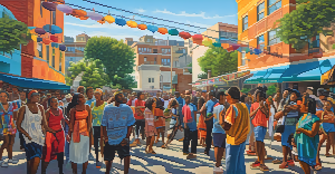 A colorful mural showcasing diverse individuals celebrating together in an urban setting, symbolizing cultural unity.