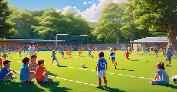 Children in colorful jerseys playing soccer on a sunny day, with parents cheering in the background and green trees around.