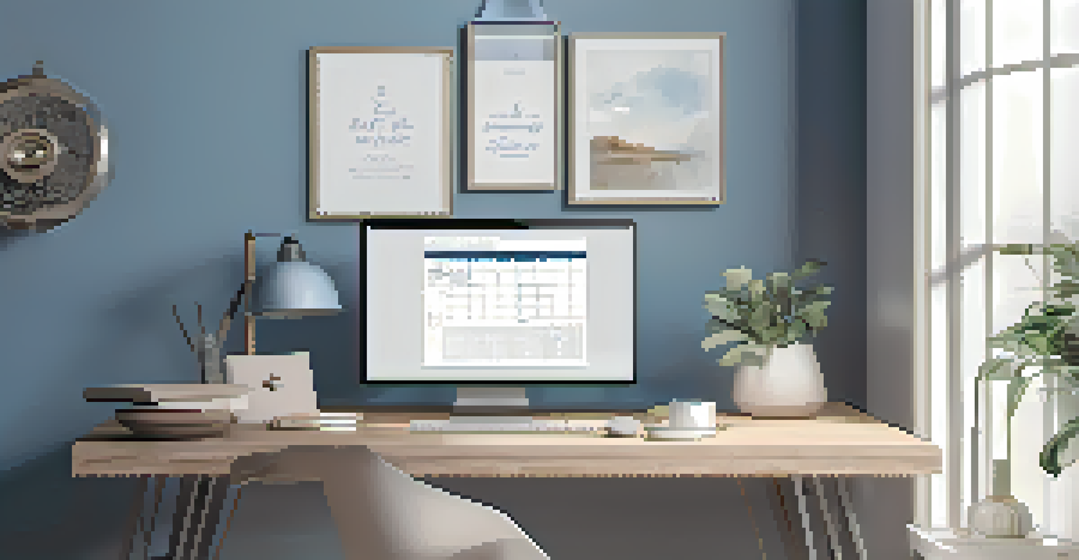 An elegant workspace featuring a desk, chair, laptop, and a motivational quote, illuminated by a warm desk lamp.
