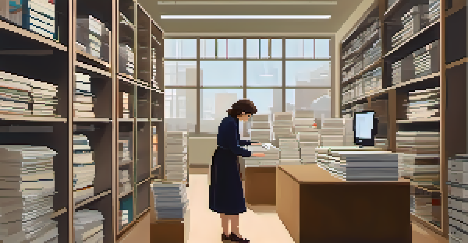 An archivist cataloging documents in a modern archive space, surrounded by organized boxes and shelves filled with historical materials.