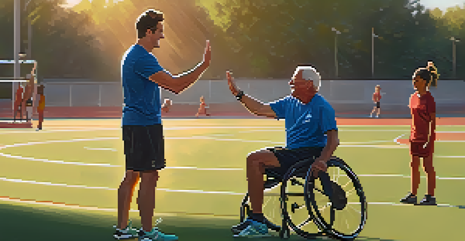 A coach giving a high-five to an adaptive athlete during a training session on a sports field, filled with equipment and bathed in warm sunlight.