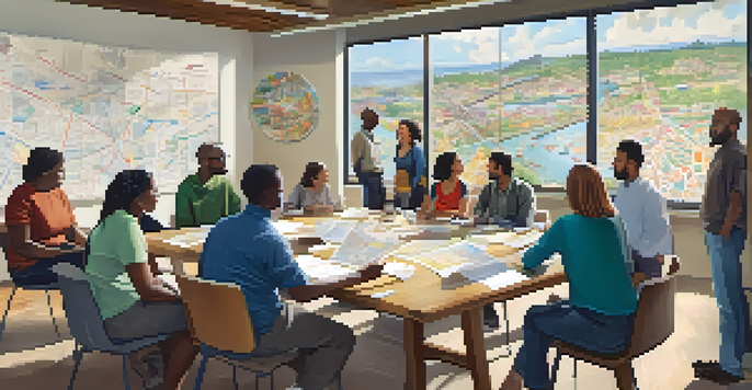 A diverse group of community members engaged in a collaborative meeting in a brightly lit room, discussing local issues with charts and maps on a large table.