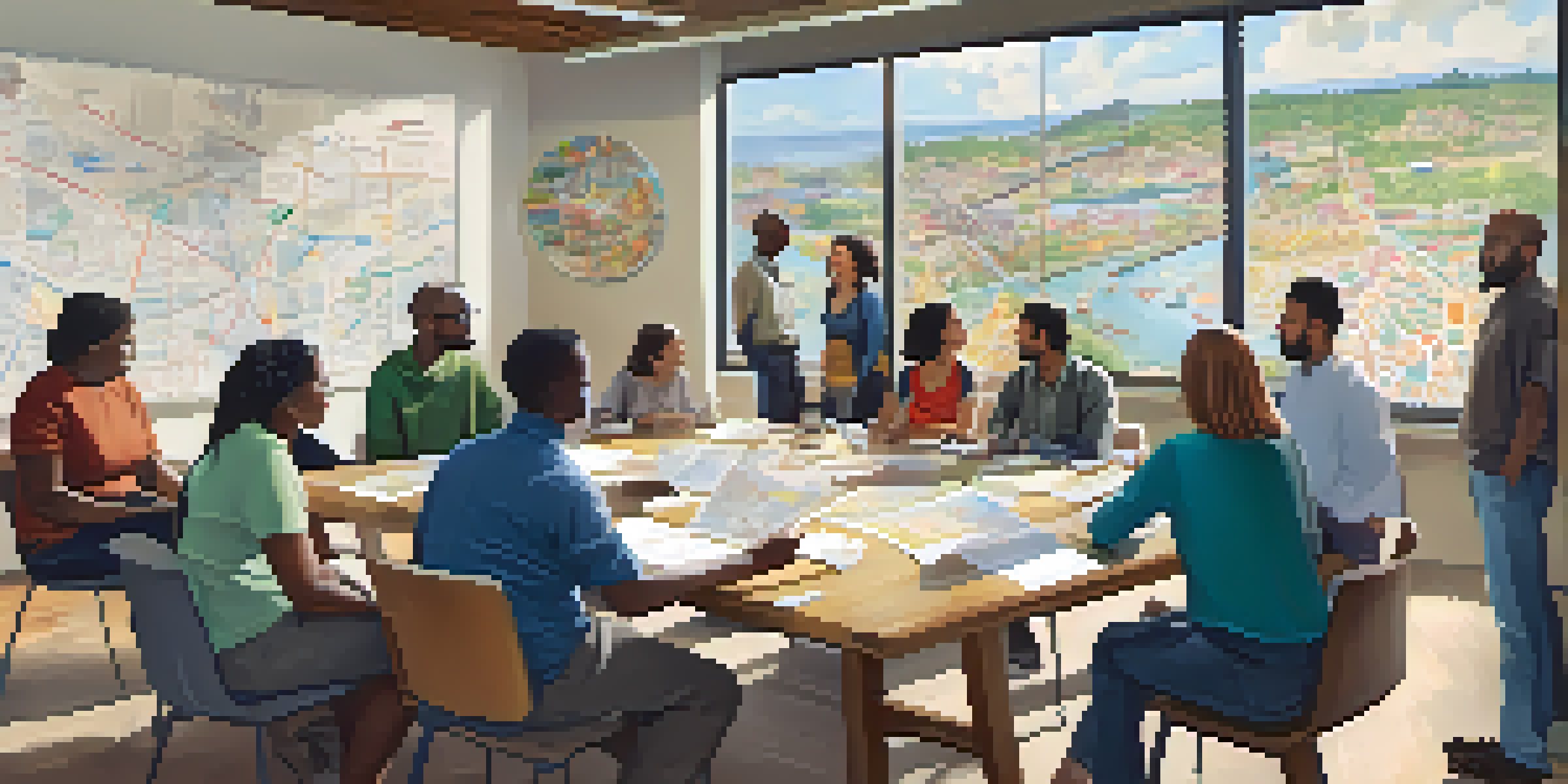 A diverse group of community members engaged in a collaborative meeting in a brightly lit room, discussing local issues with charts and maps on a large table.