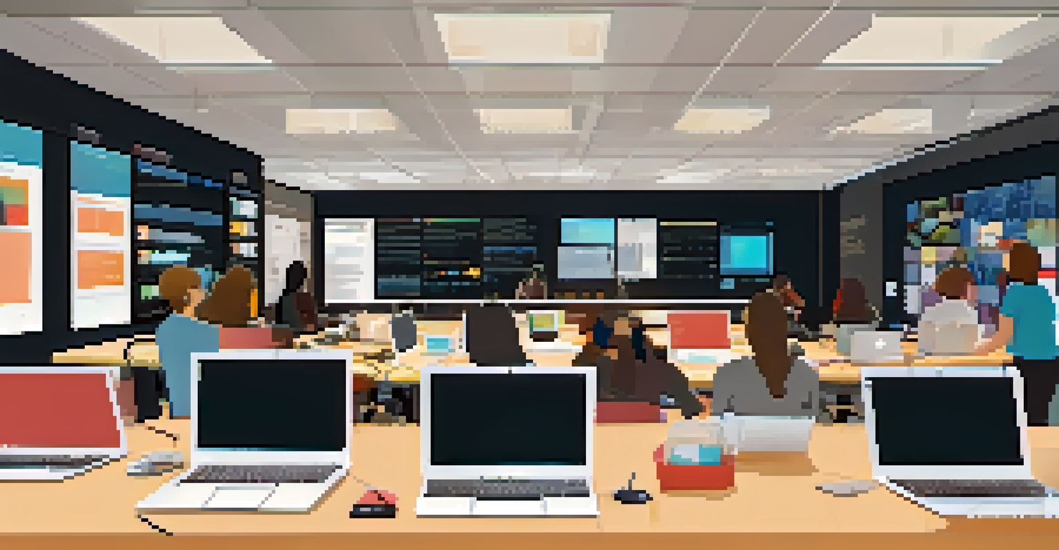 Participants collaborating on a coding project in a modern workshop environment, with laptops and design materials around them.