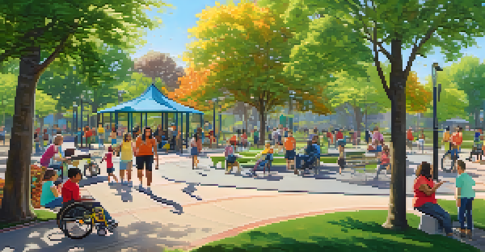 A lively park scene with individuals of different abilities enjoying activities together, surrounded by nature.