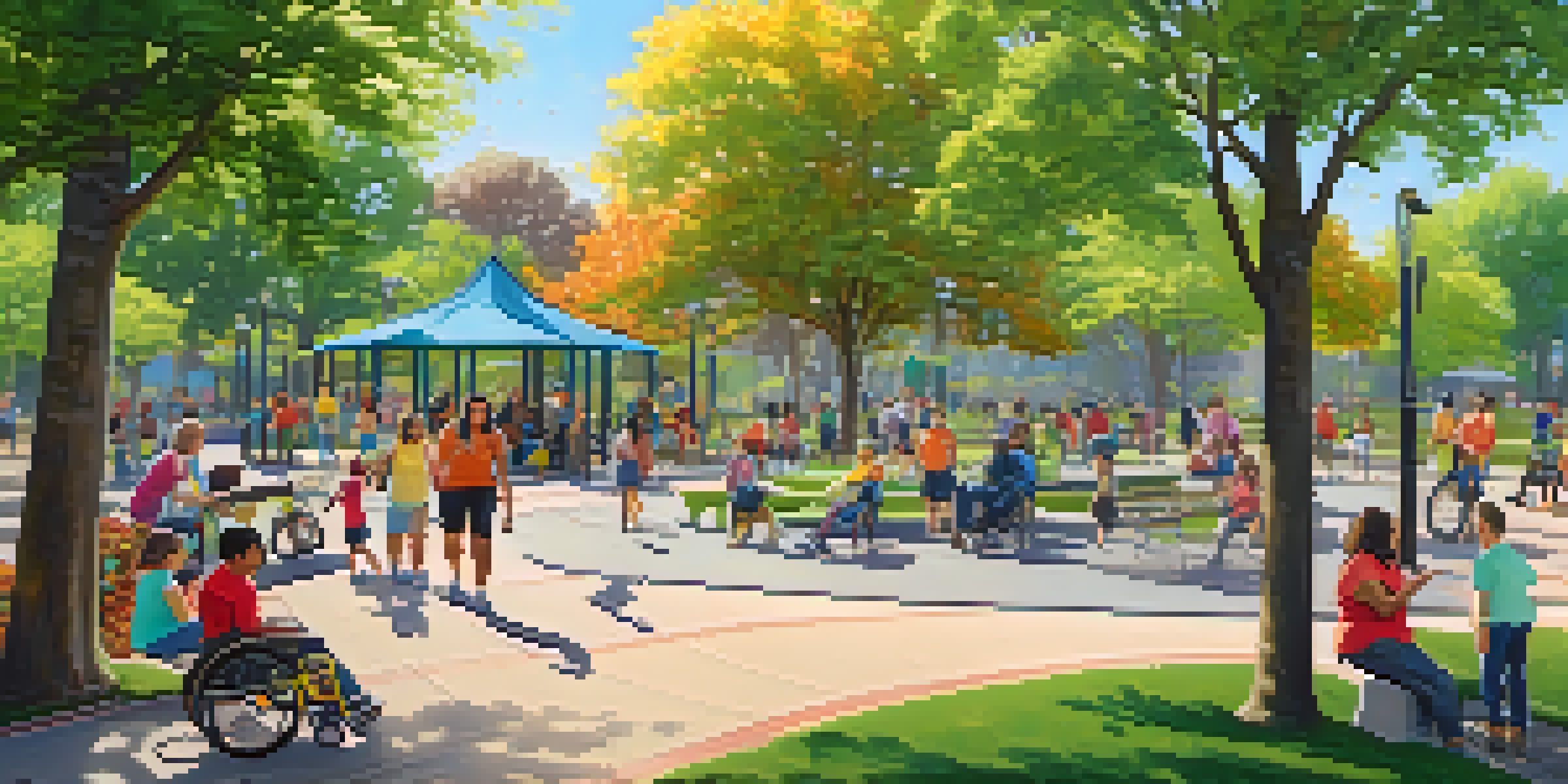 A lively park scene with individuals of different abilities enjoying activities together, surrounded by nature.