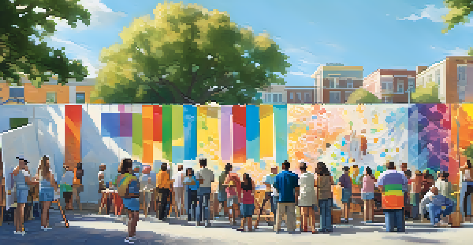 Artists painting a mural during a community art event, with locals watching and participating.
