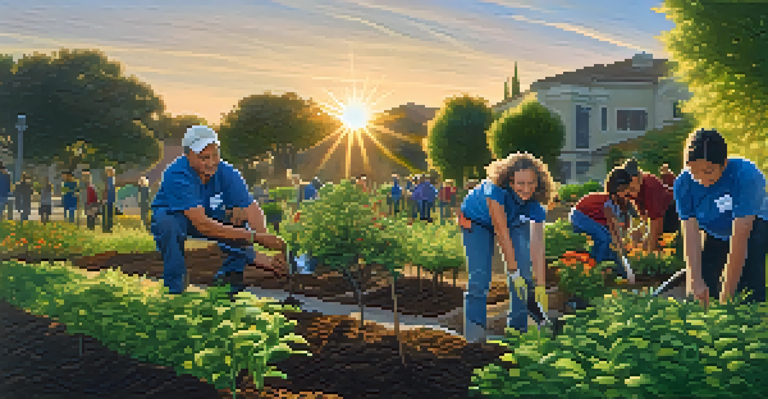 Volunteers planting trees in a community garden during sunset, surrounded by lush greenery.