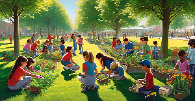 A diverse group of children planting trees in an outdoor classroom, surrounded by greenery and colorful flowers, under a bright sunny sky.
