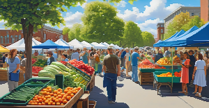 A lively farmers' market with colorful produce and shoppers interacting with vendors under a sunny sky.