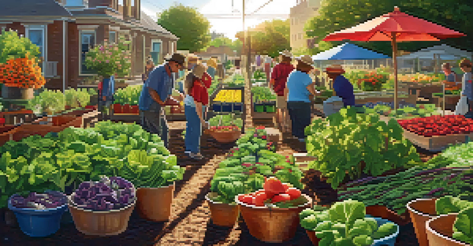 A community garden bursting with colorful plants and people working together.