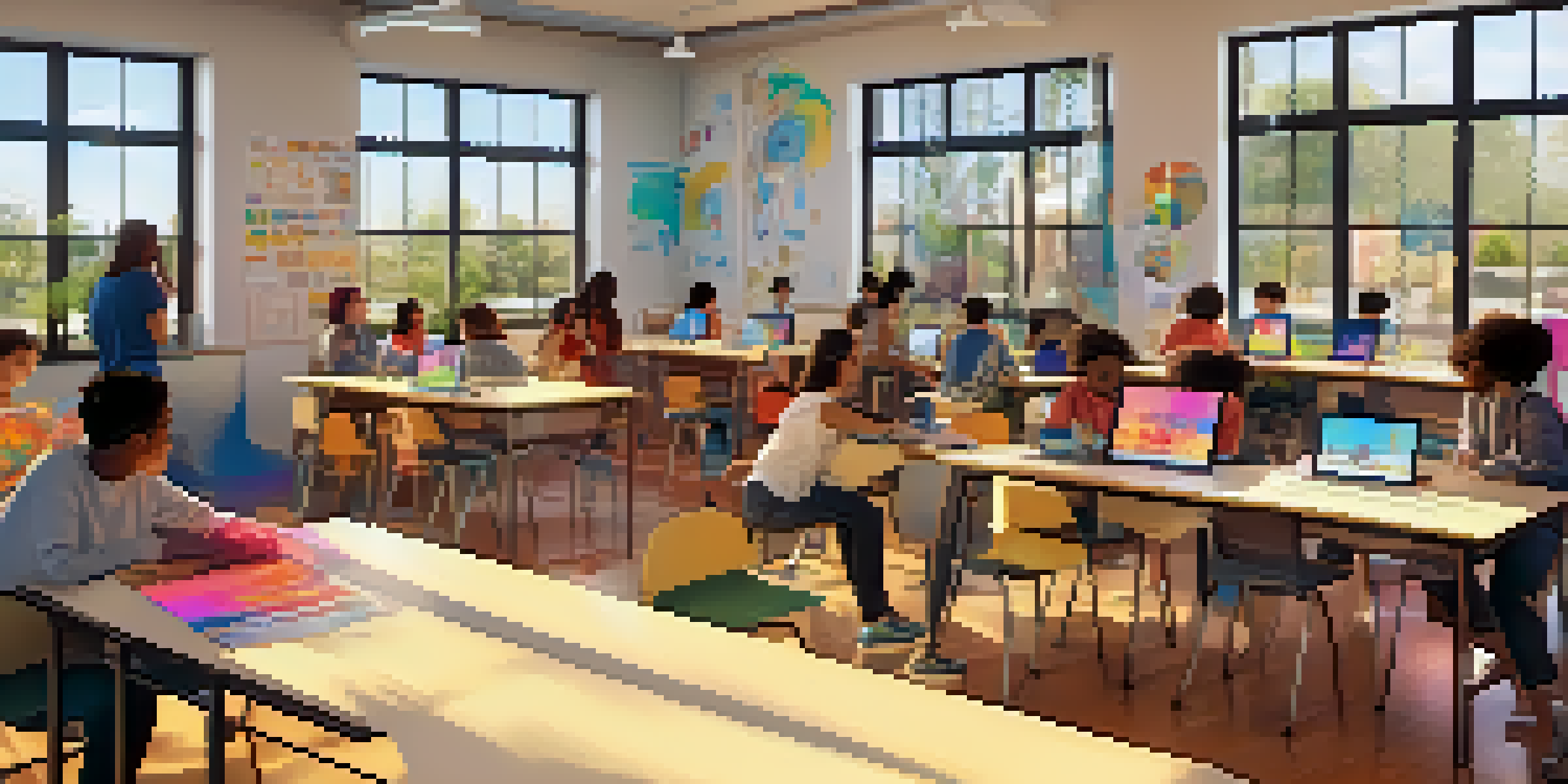 A lively classroom where students are working on digital art, surrounded by colorful artwork and bright sunlight.