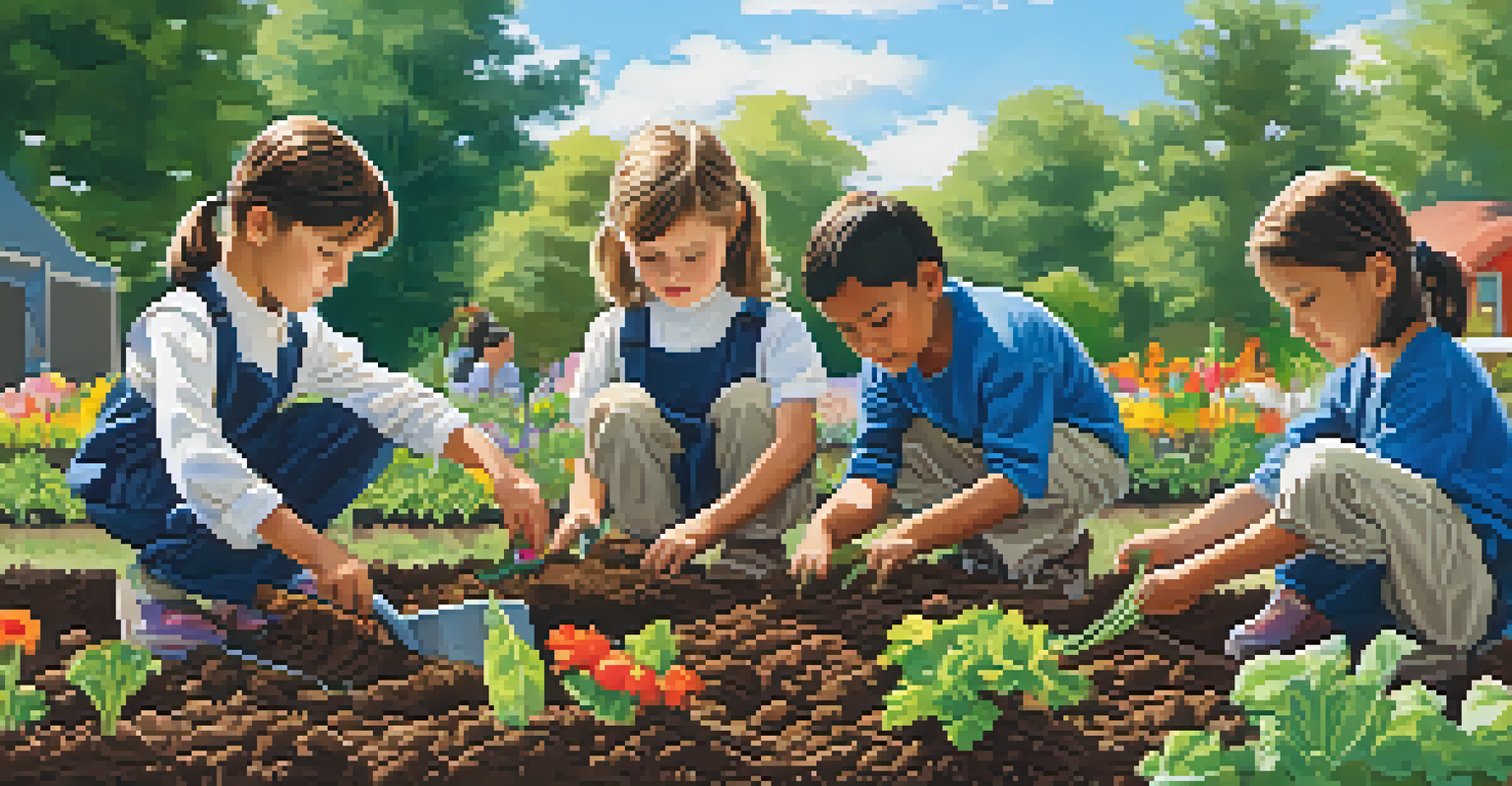 Children planting seeds in a school garden, surrounded by flowers and vegetables under a clear blue sky.