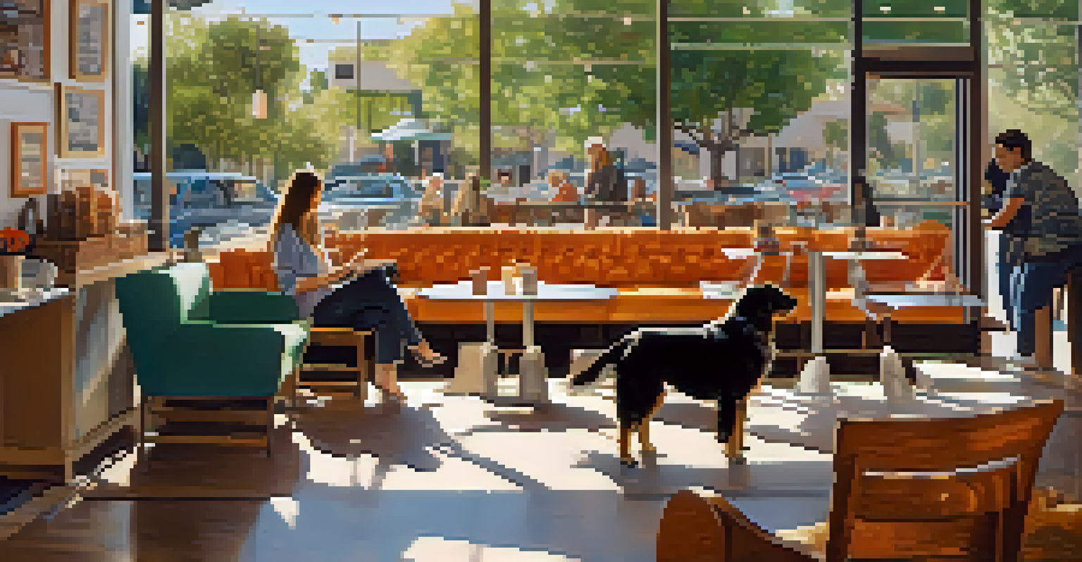A warm and inviting dog-friendly cafe where pets are relaxing with their owners enjoying coffee.