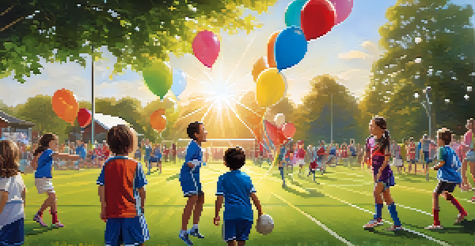 A lively community sports event with families and children enjoying a youth soccer game in a sunny park.