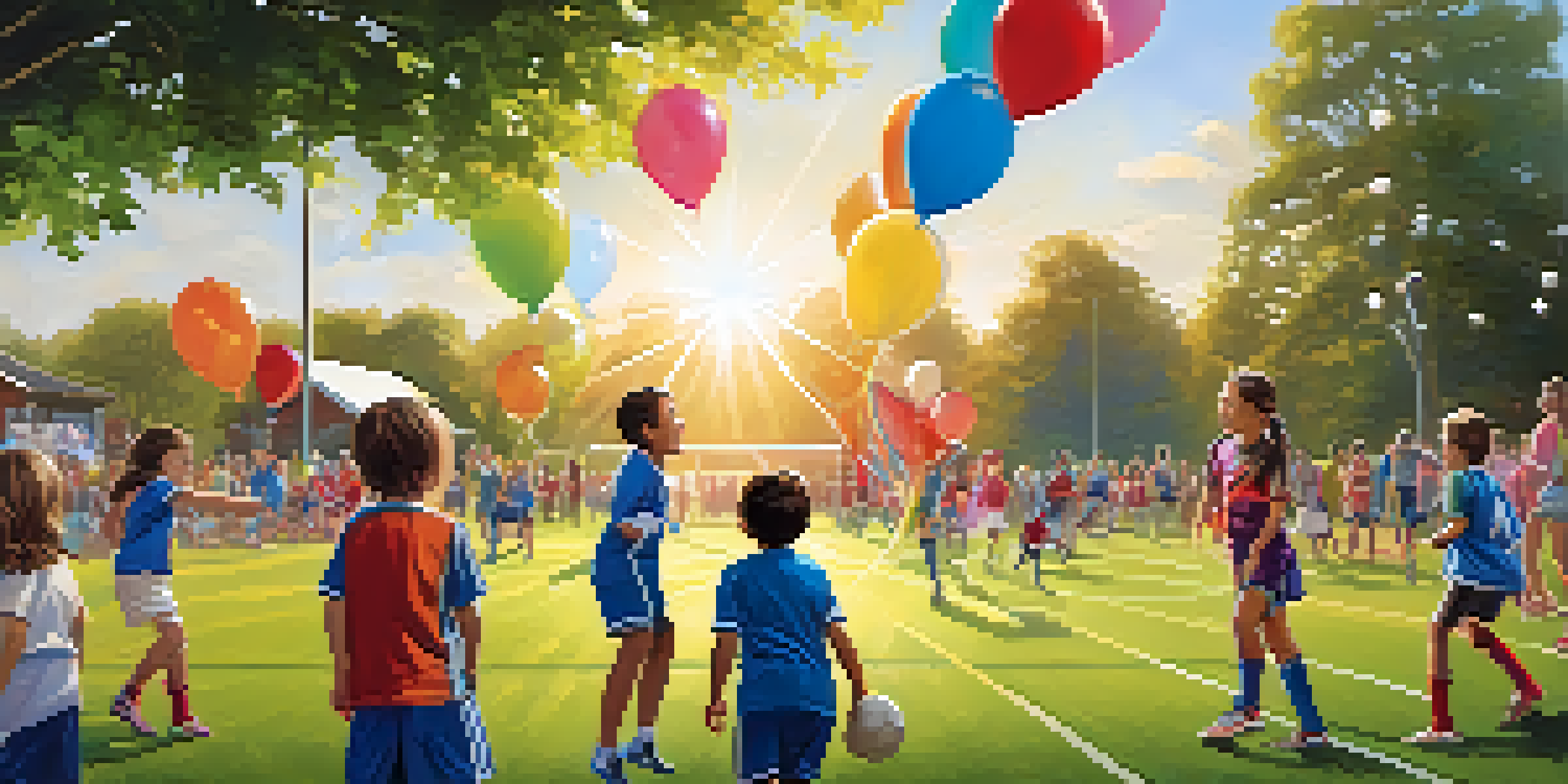 A lively community sports event with families and children enjoying a youth soccer game in a sunny park.