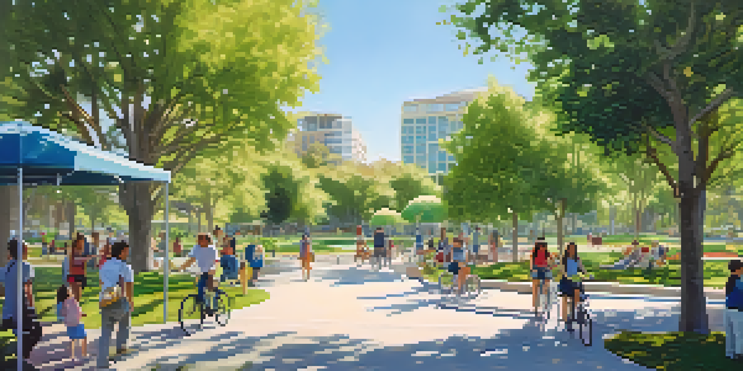 A lively urban park with people enjoying outdoor activities, surrounded by energy-efficient buildings and greenery under a sunny sky.