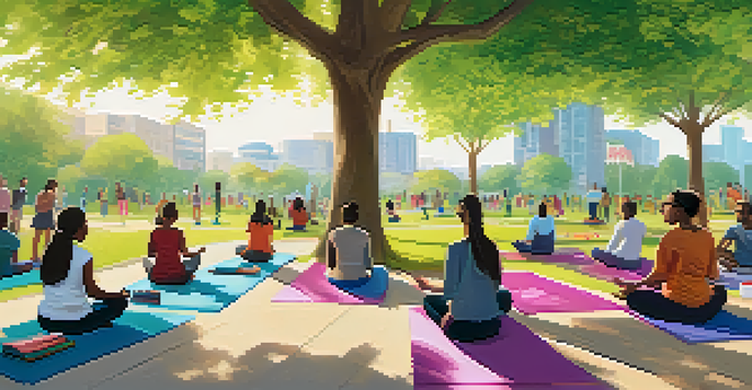 A peaceful park with diverse individuals practicing yoga and reading about mental health, with a community center in the background.