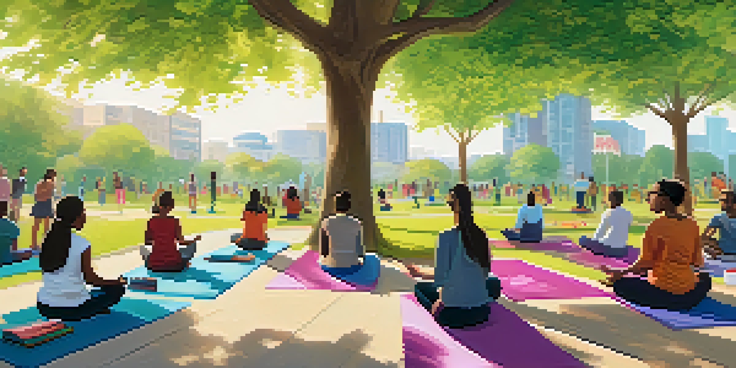 A peaceful park with diverse individuals practicing yoga and reading about mental health, with a community center in the background.