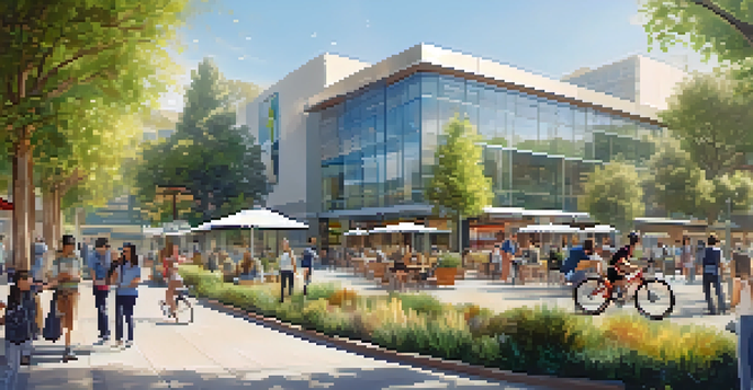 A vibrant cityscape of Cupertino with modern buildings, people using technology, and green parks under warm sunlight.