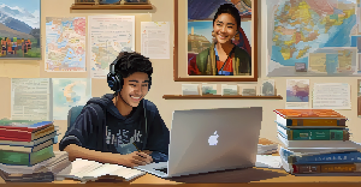 A student participating in a virtual cultural exchange program with a laptop and cultural artifacts around.