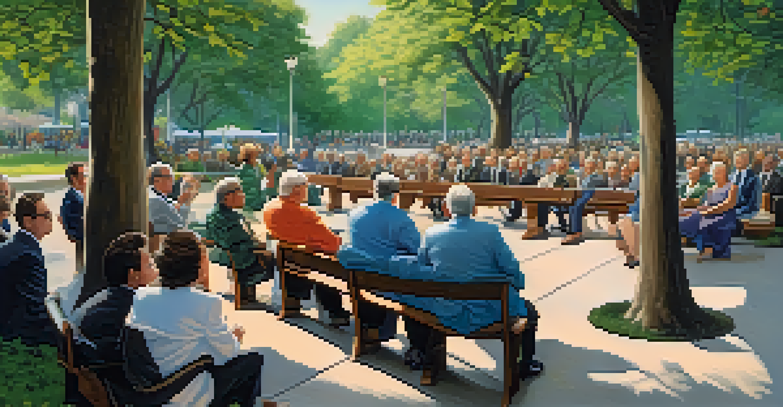 A city council meeting in a park with local officials and residents engaged in discussion surrounded by nature.