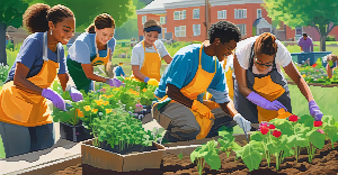 A diverse group of young volunteers planting flowers and vegetables in a sunny community garden, smiling and working together.