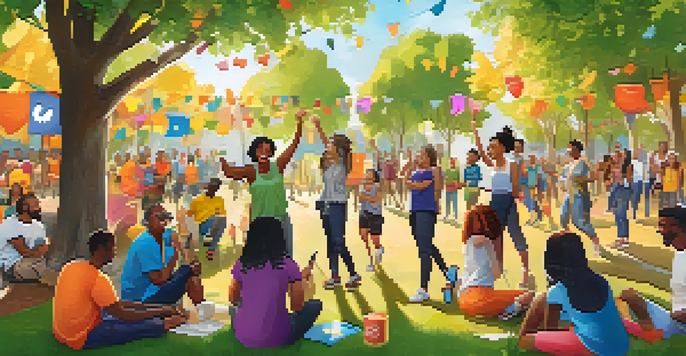 A diverse group of people participating in a community health campaign outdoors, with colorful banners and a sunny park setting.