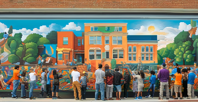 Artists collaborating on a vibrant community mural, surrounded by onlookers, with bright colors and natural lighting.