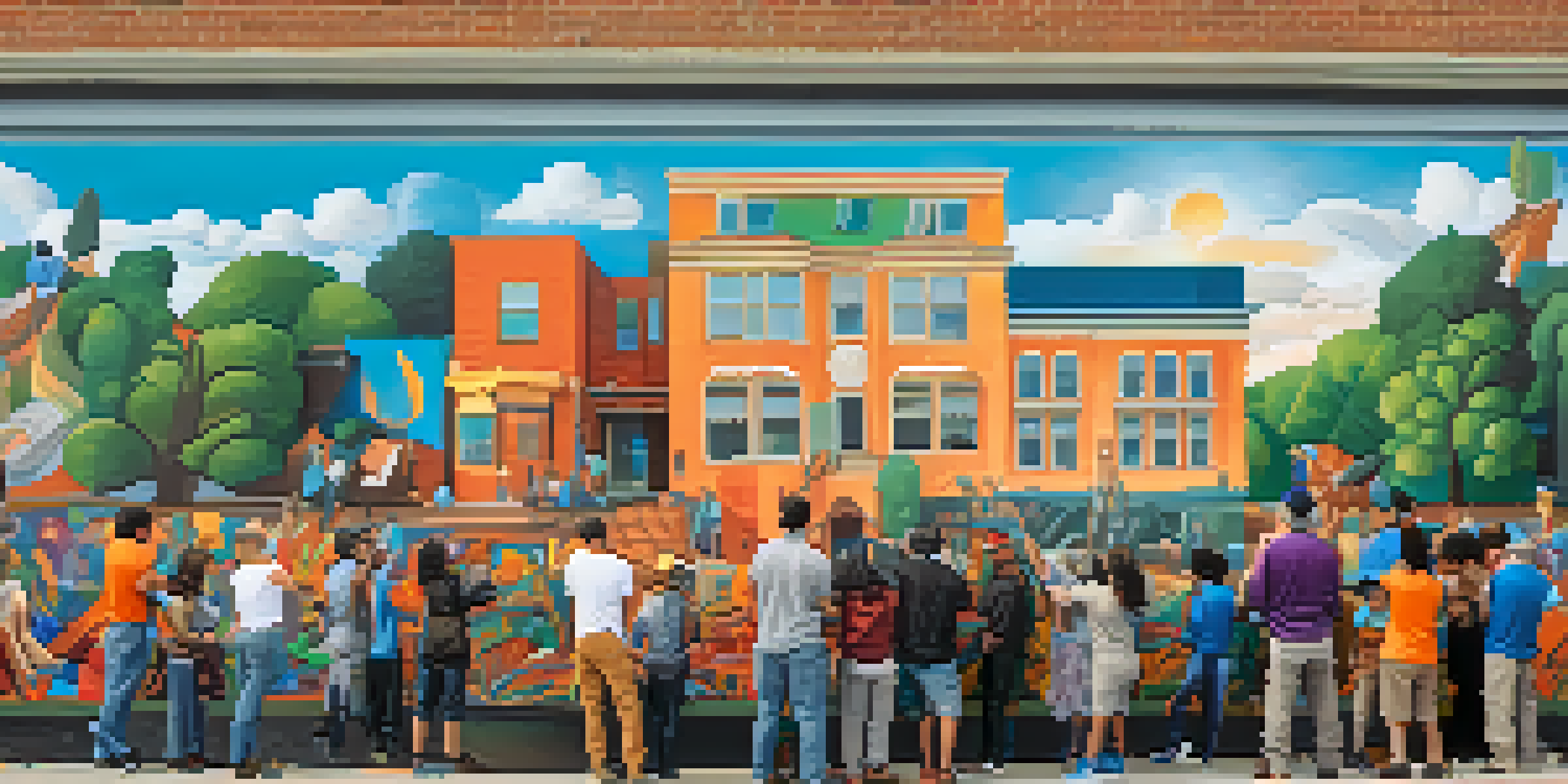 Artists collaborating on a vibrant community mural, surrounded by onlookers, with bright colors and natural lighting.