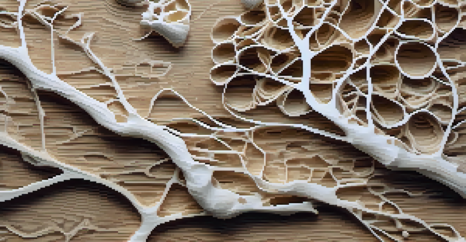 A close-up of biodegradable materials like mycelium and bio-composites on a textured wooden surface, highlighting natural patterns and earth tones.
