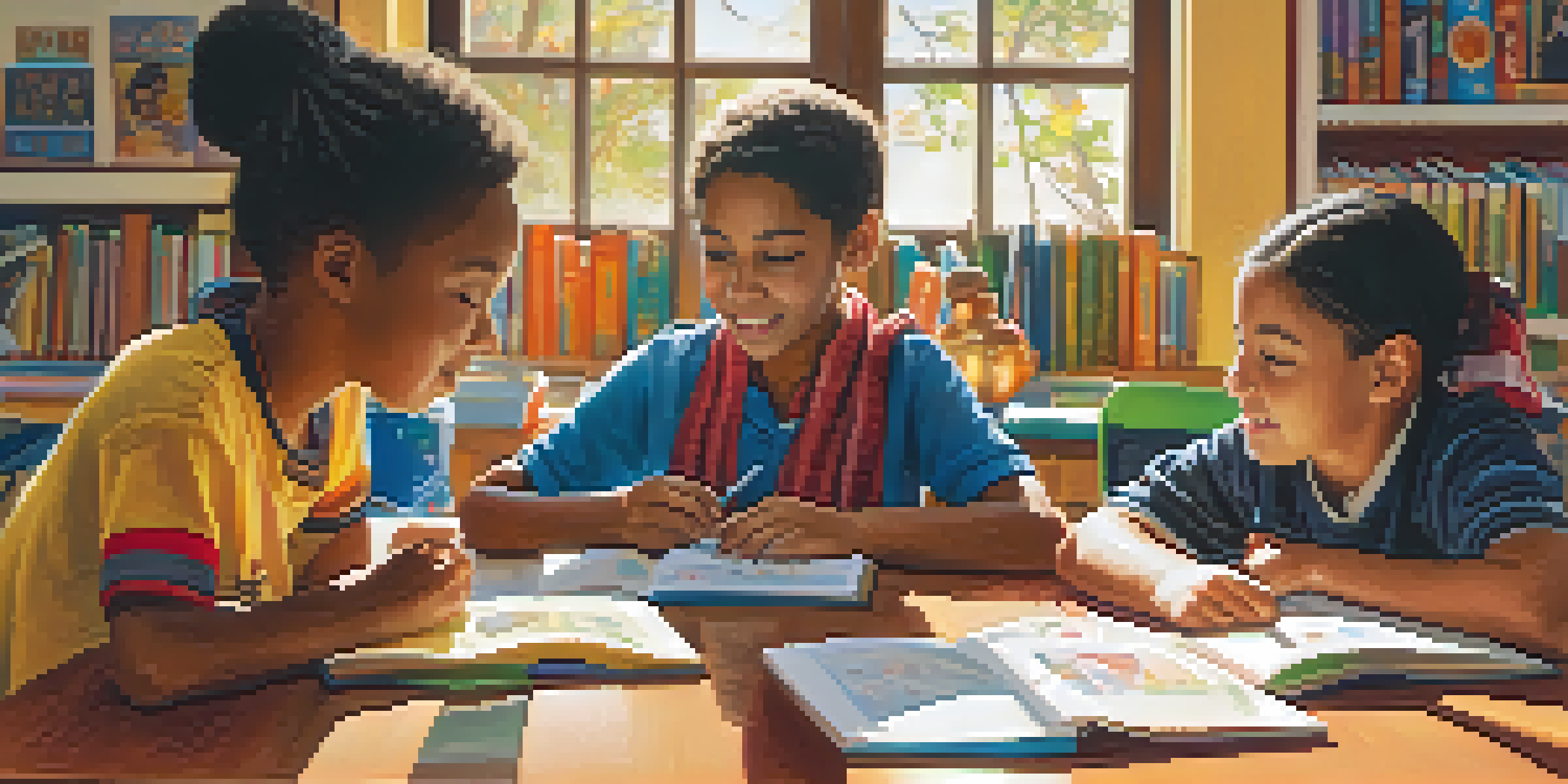 A group of children from different backgrounds discussing in a classroom filled with cultural artifacts and bright sunlight.