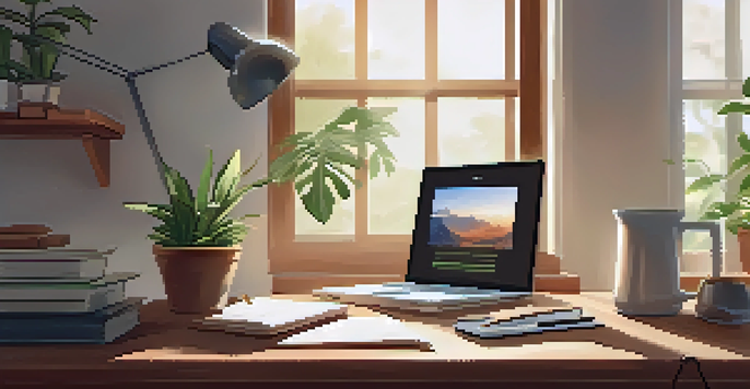 A calm home office with a wooden desk, laptop, and plants, bathed in natural light.