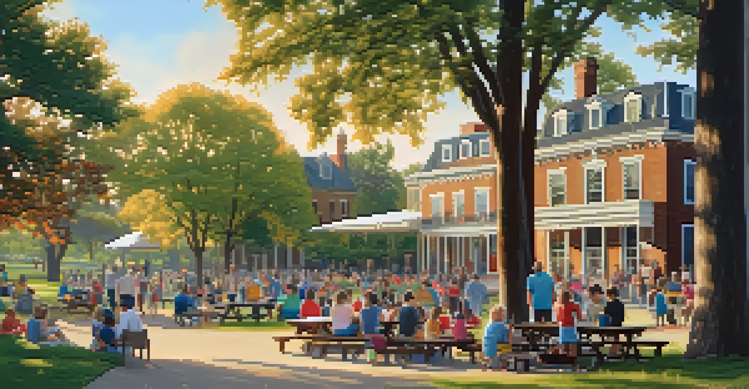 A community gathering in a historic park with a preserved landmark building in the background, families and children enjoying a sunny day.