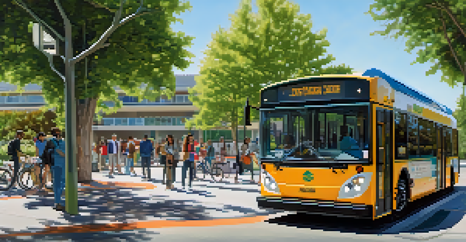 A modern electric bus at a public transit stop in Cupertino, with residents boarding, walking, and biking in a green setting.