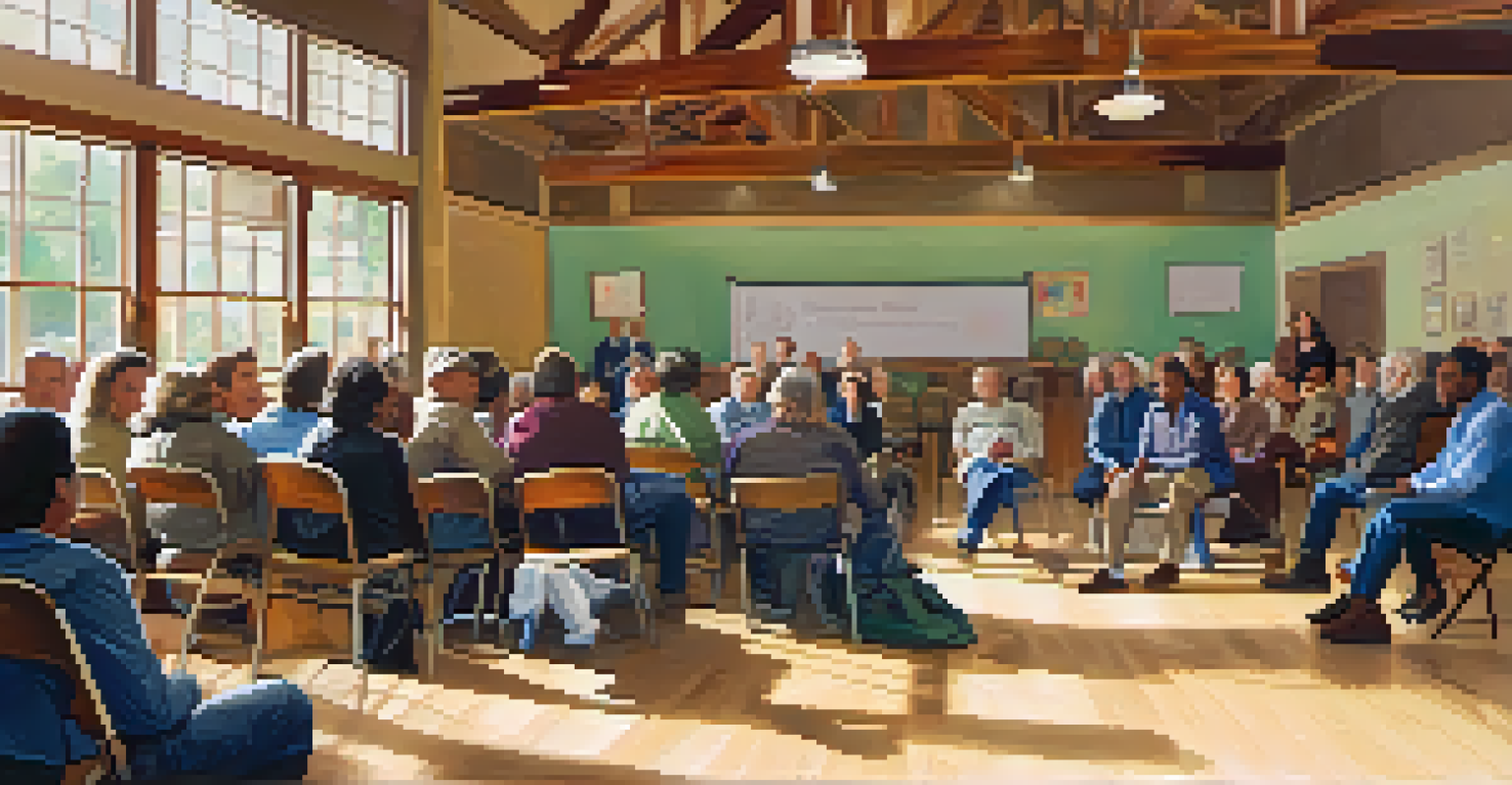 Residents attending a town hall meeting in a community center, actively participating in discussions.