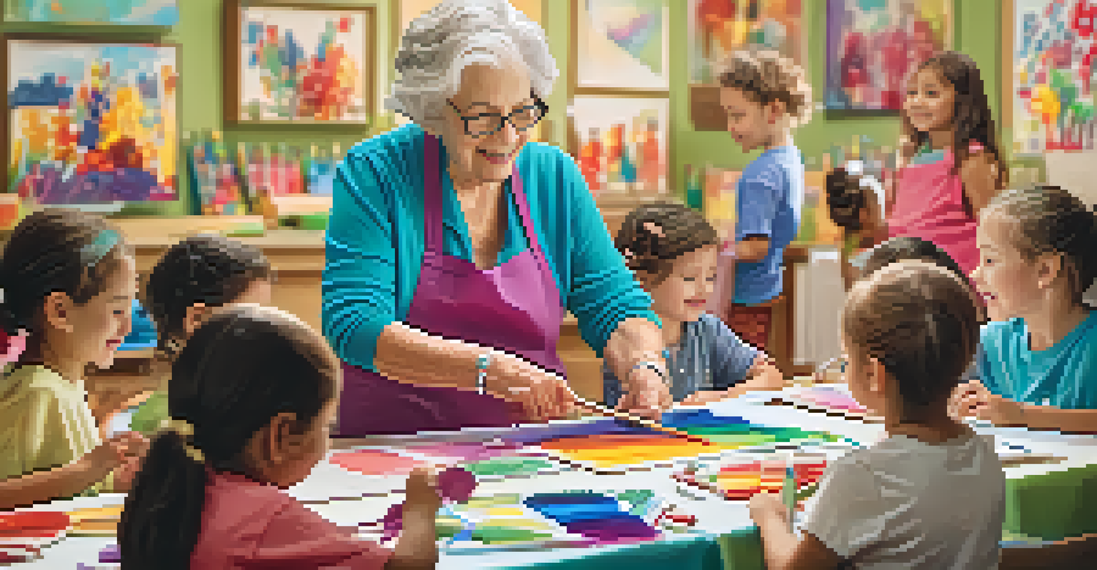 An elderly woman instructing children in an arts and crafts workshop at a community center, surrounded by colorful materials.