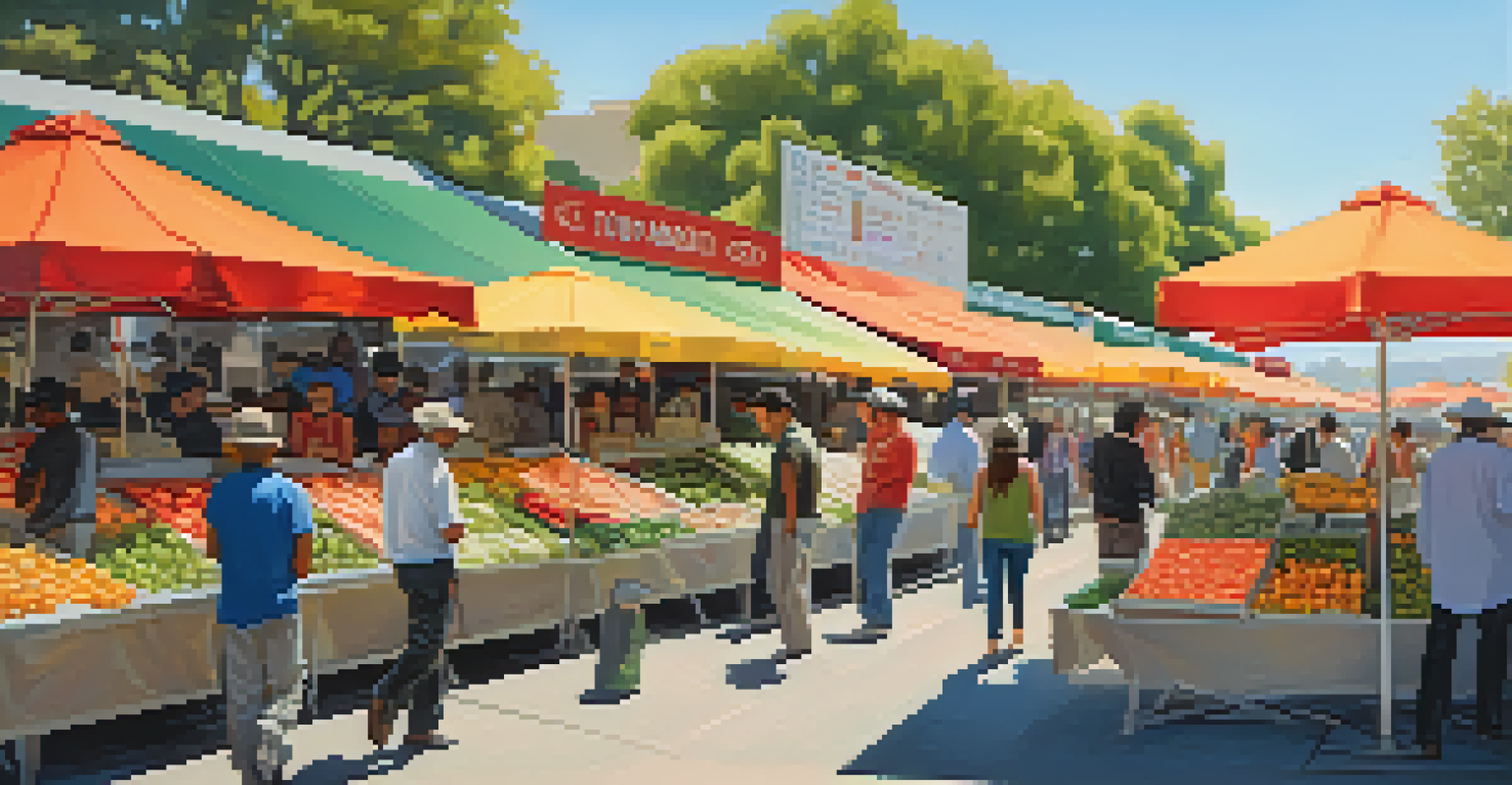A vibrant food market in Cupertino with colorful stalls, fresh produce, and people enjoying diverse cuisines and the lively atmosphere.