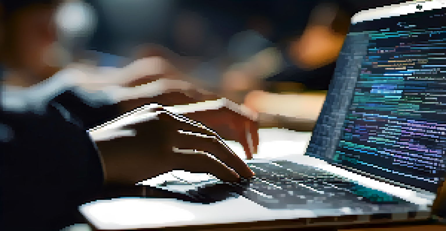 A participant's hands typing code on a laptop screen during a technology workshop, with coding books and notes visible on the table.