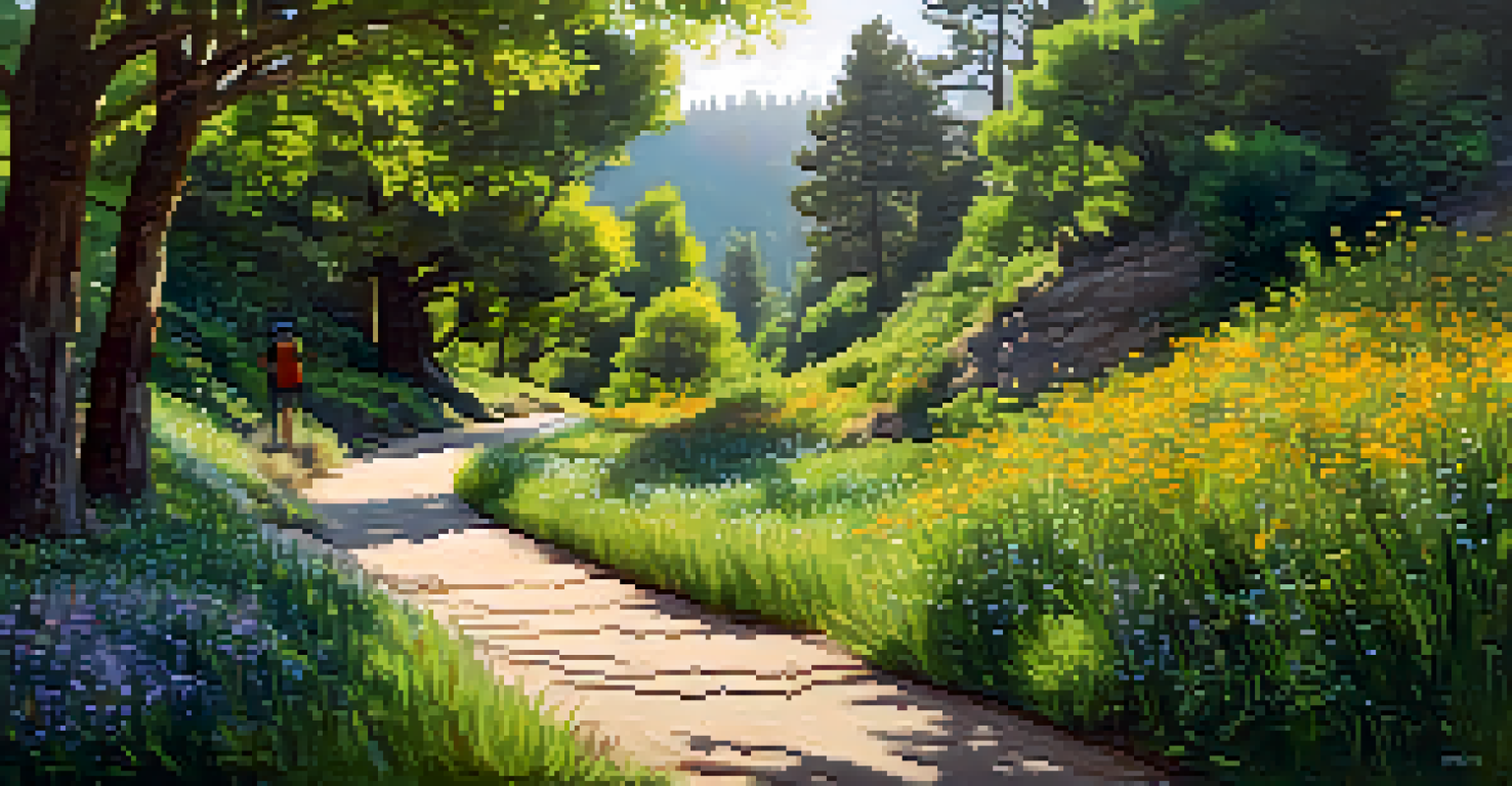 A tranquil view of the Stevens Creek Trail surrounded by greenery and wildflowers under dappled sunlight.