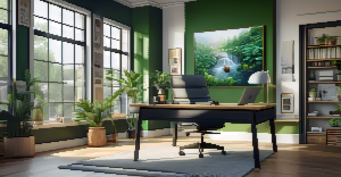 A bright and inviting home office with a desk, chair, plants, and a laptop displaying a video call.