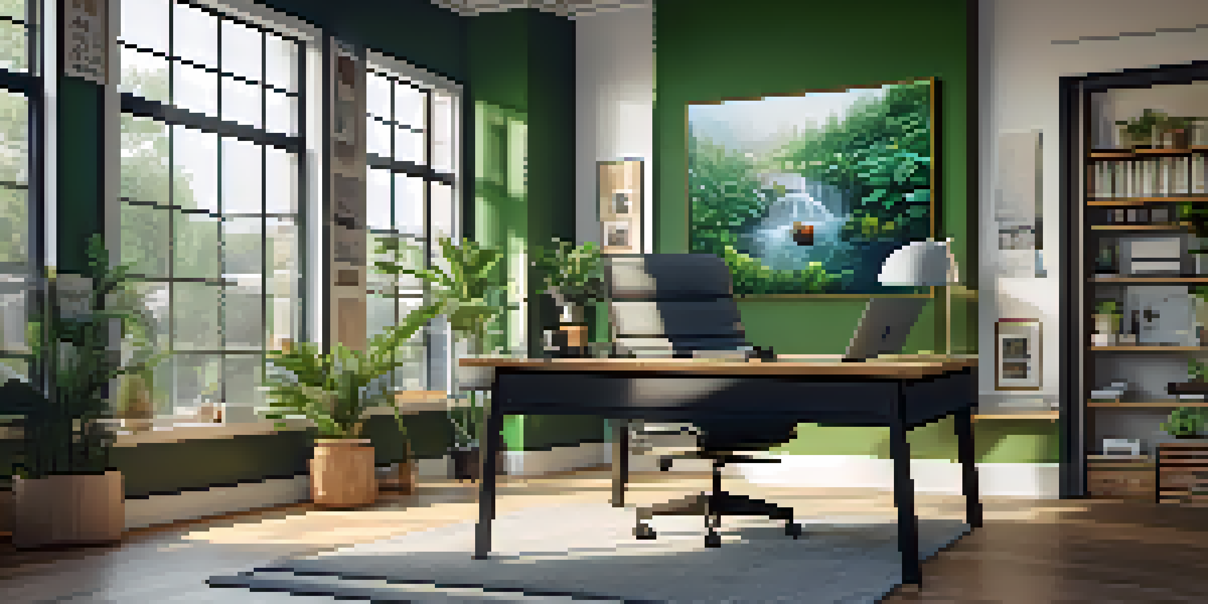 A bright and inviting home office with a desk, chair, plants, and a laptop displaying a video call.