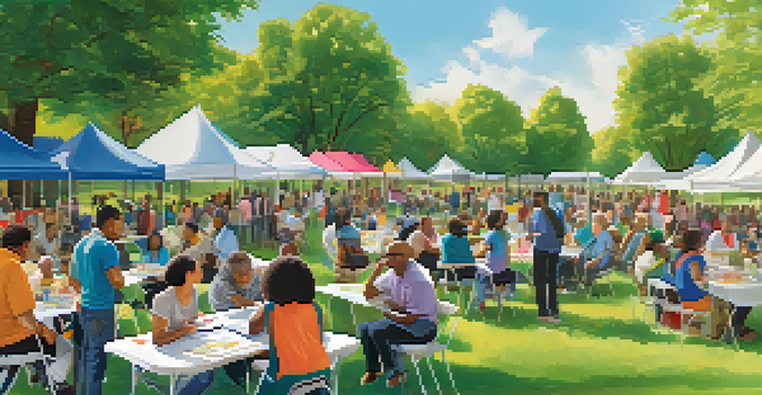 A community health forum in a park with diverse participants discussing health topics under colorful banners.